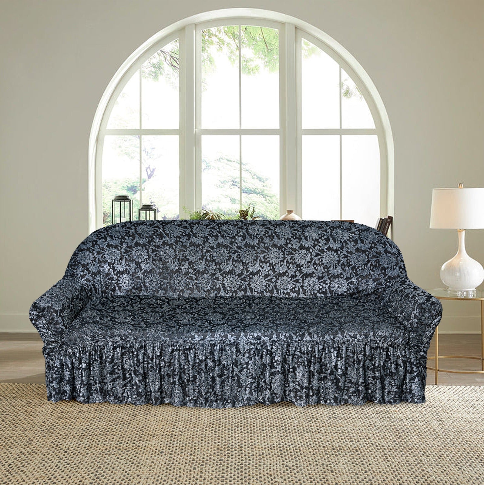 Flower Printed Sofa Cover -Grey
